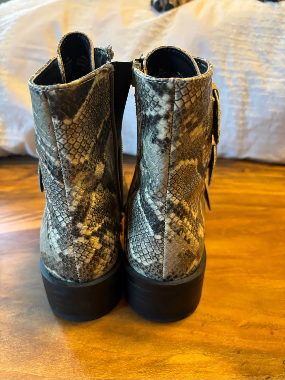 Studded Snake-Print Buckle Ankle Boots in Gray and Cream Size 6